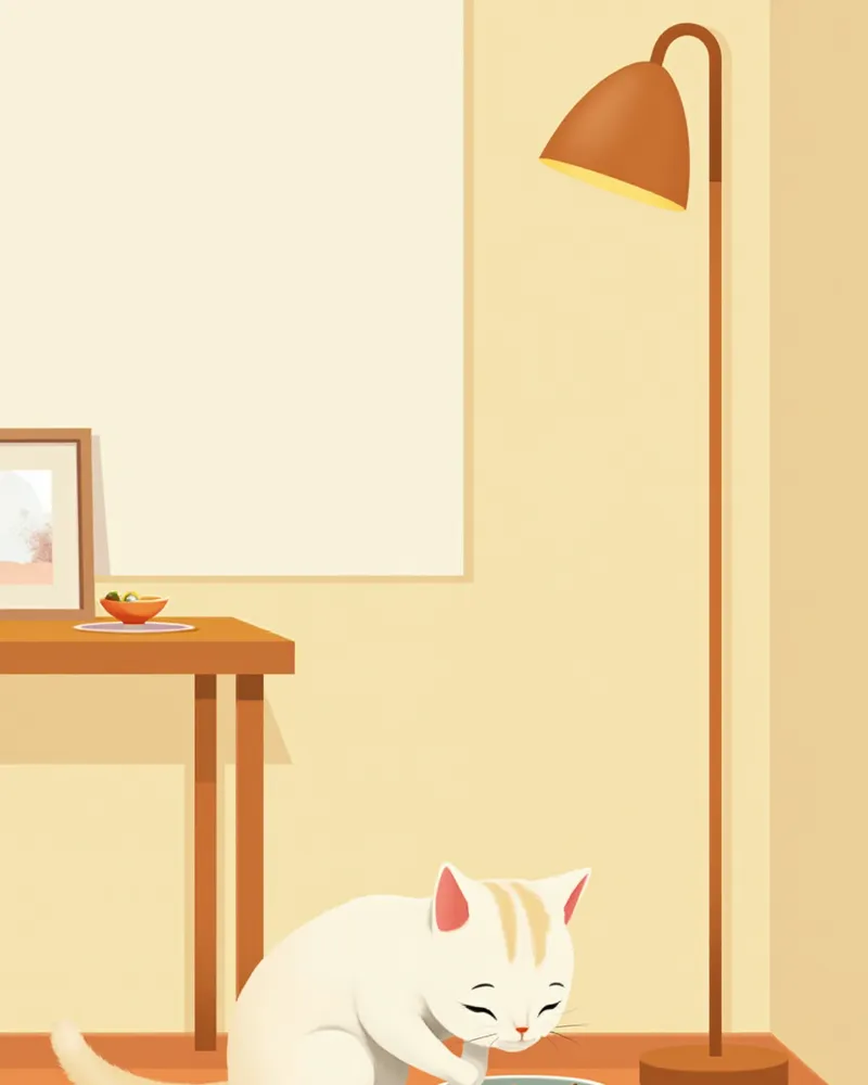 조용한 코너에서 편안하게 식사하는 고양이와 분리 배치된 물그릇