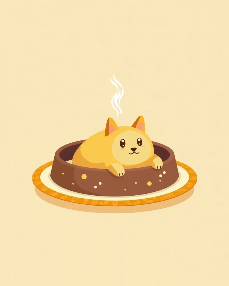 고양이 사료 그릇 옆에 작은 빵 조각이 놓인 모습