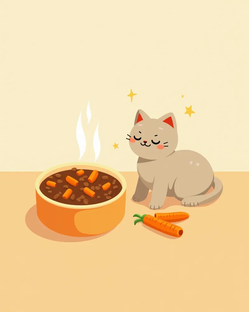 고양이 사료 옆에 놓인 삶은 당근 조각
