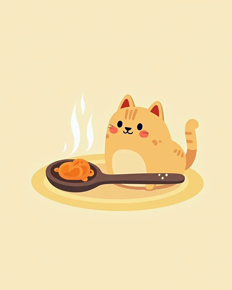 숟가락에 담긴 소량의 삶은 당근과 고양이