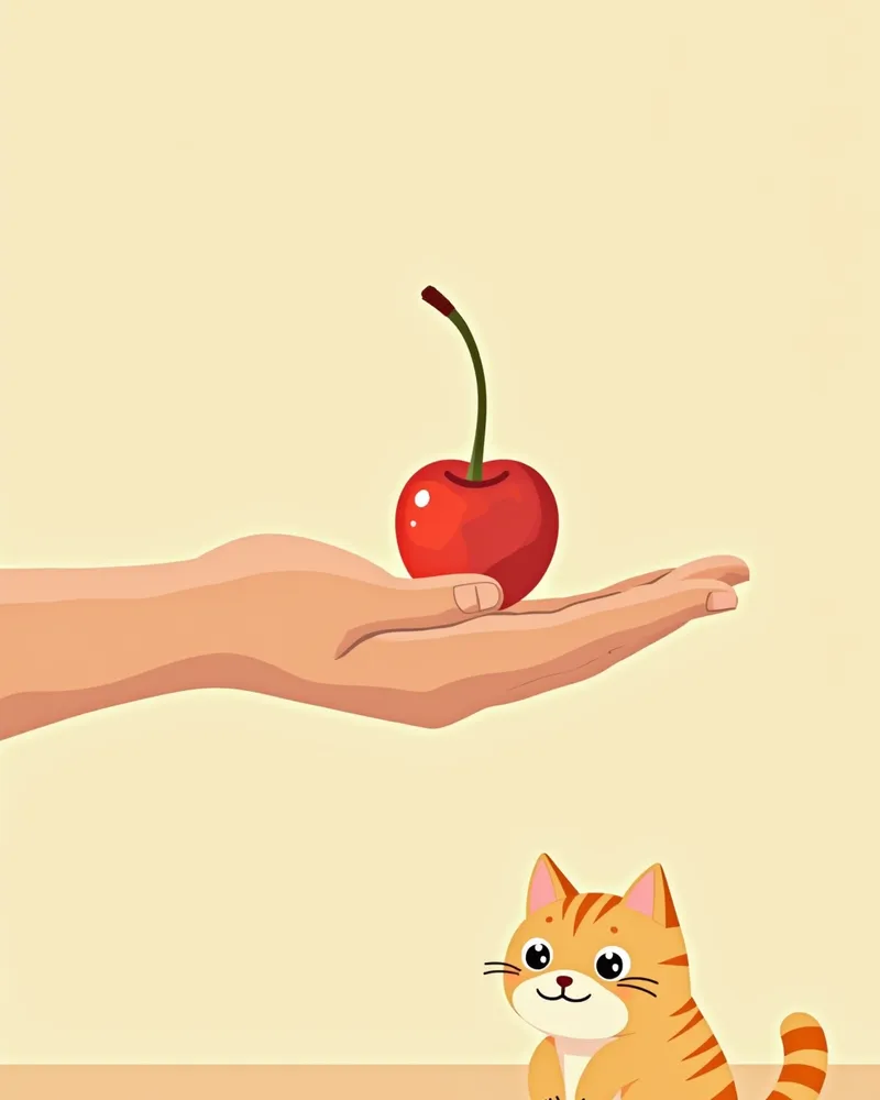 손에 작은 체리 과육을 들고 고양이가 바라보는 모습