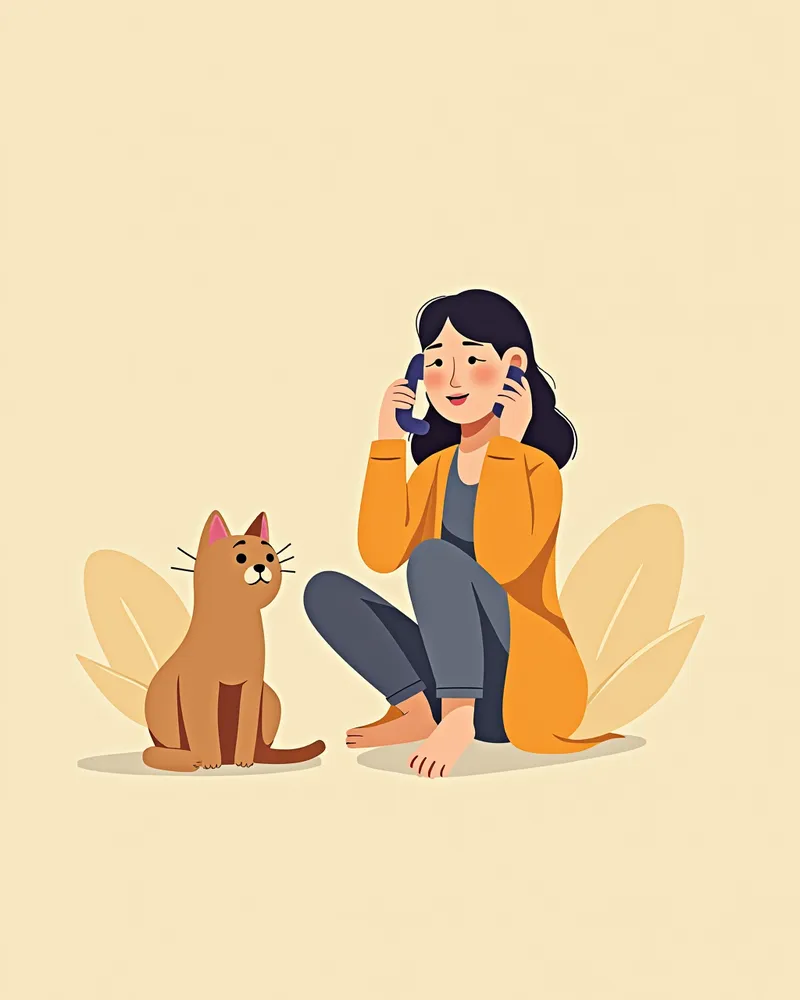 수의사에게 전화하는 보호자와 고양이