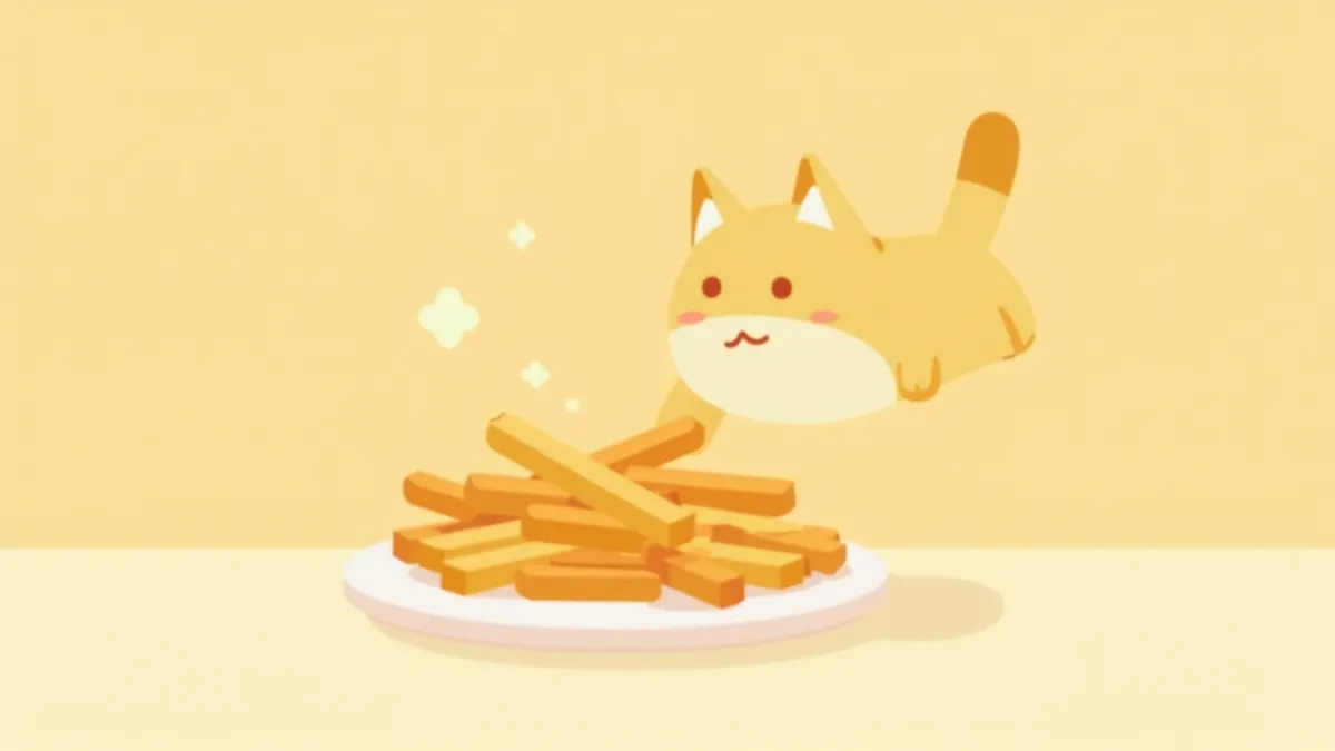 감자튀김을 향해 손을 내미는 고양이