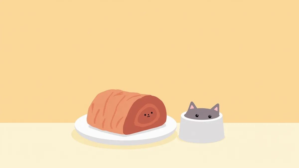접시에 담긴 소량의 햄과 고양이 사료 그릇
