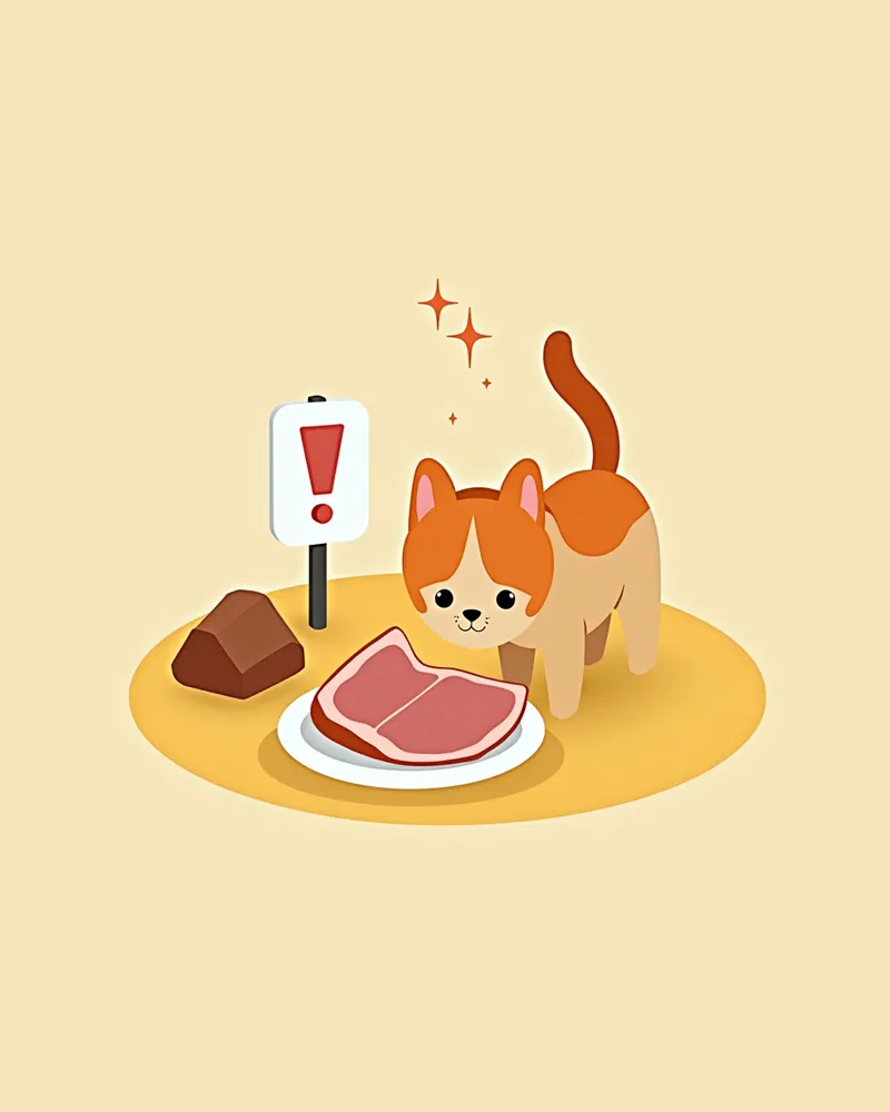 햄을 냄새 맡는 고양이와 경고 표시