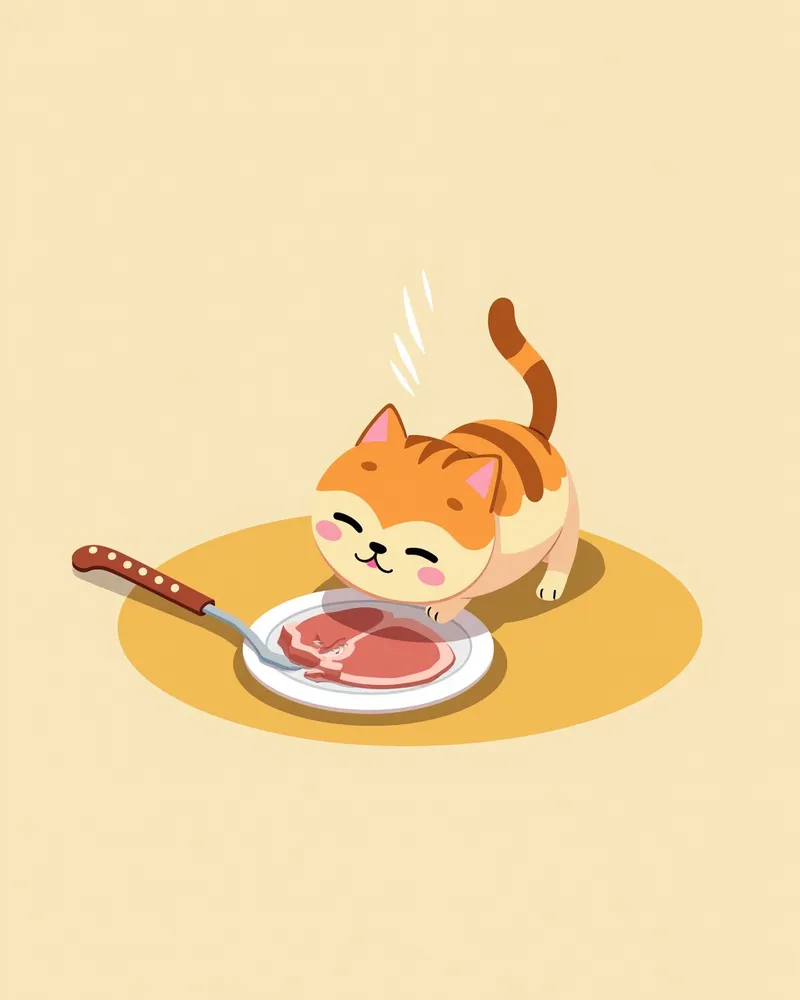 숟가락으로 햄을 먹는 고양이