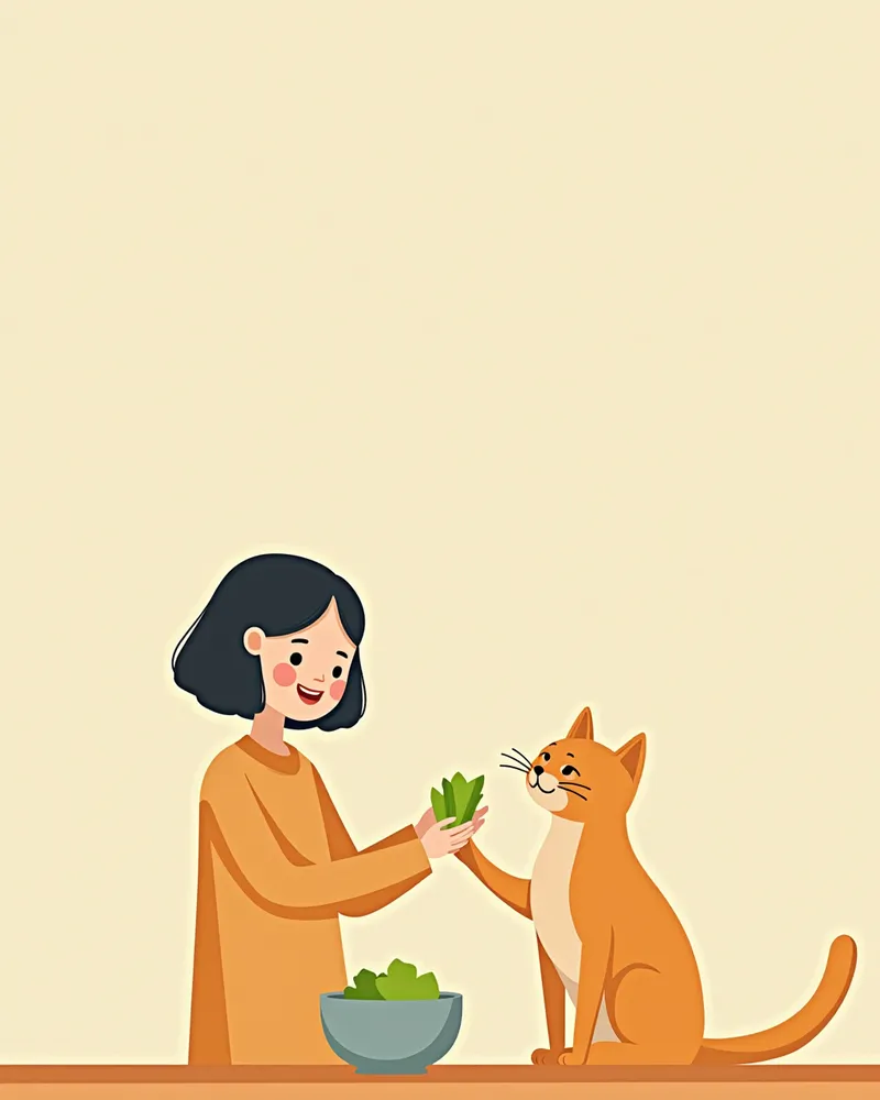 보호자가 고양이에게 양상추를 주는 모습