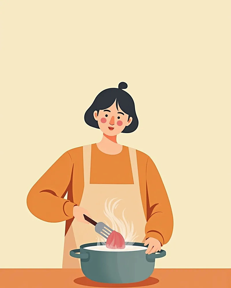 물에 삶는 돼지고기 조리 모습