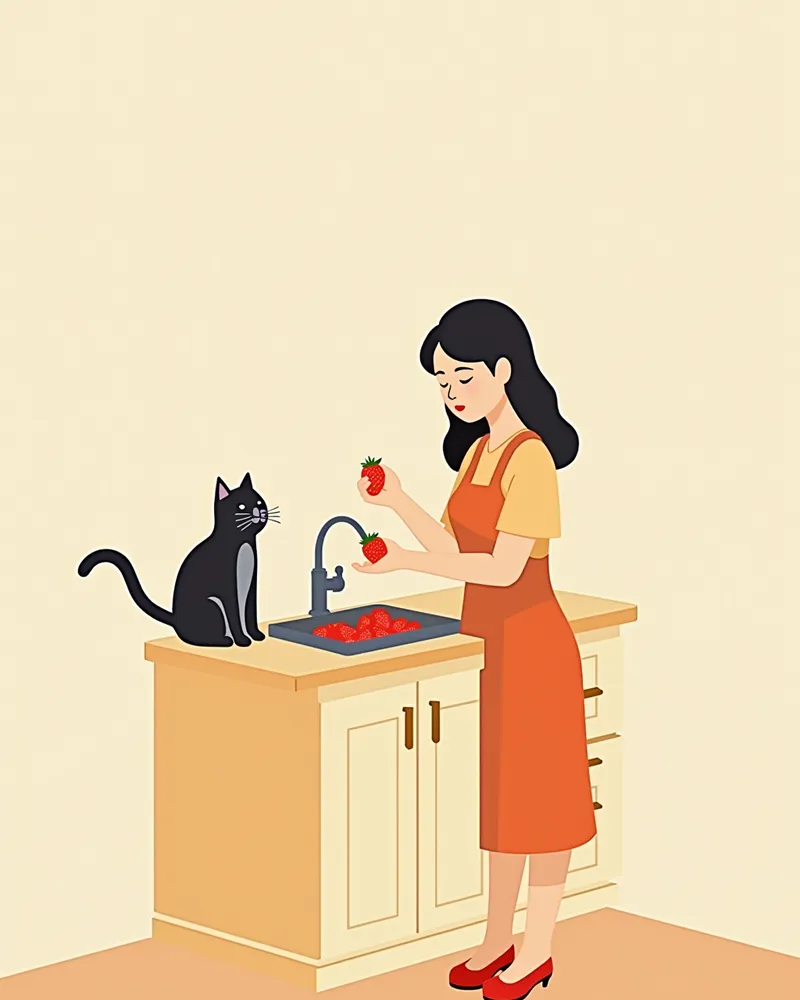 보호자가 딸기를 씻는 모습과 고양이