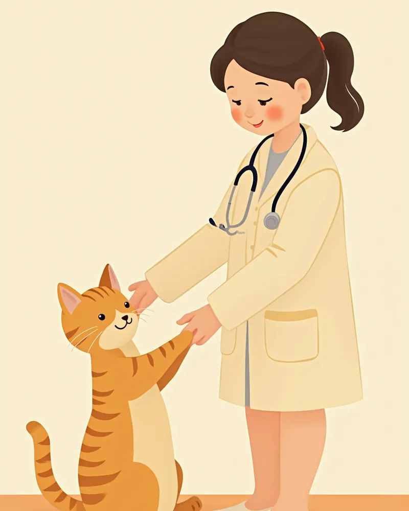 수의사가 고양이 복부를 부드럽게 촉진하는 검진 장면