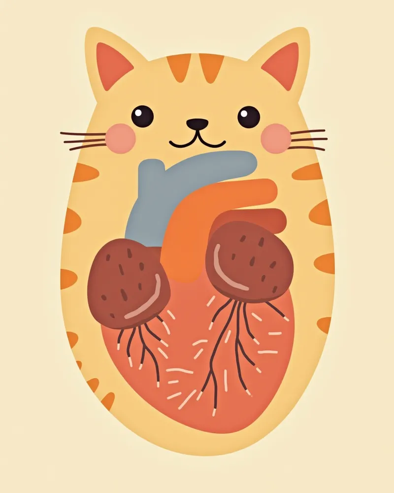 고양이 심장의 해부도, 두꺼워진 근육과 막힌 혈관 부분 강조
