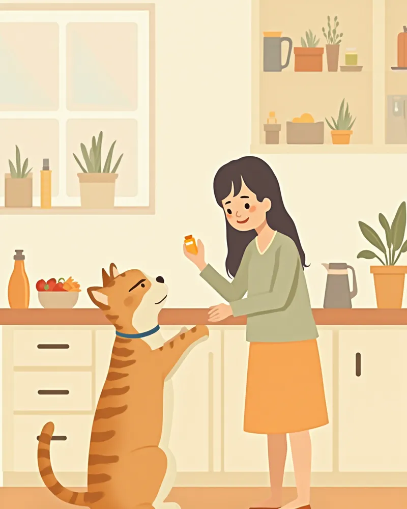 보호자에게 약을 먹고 있는 고양이