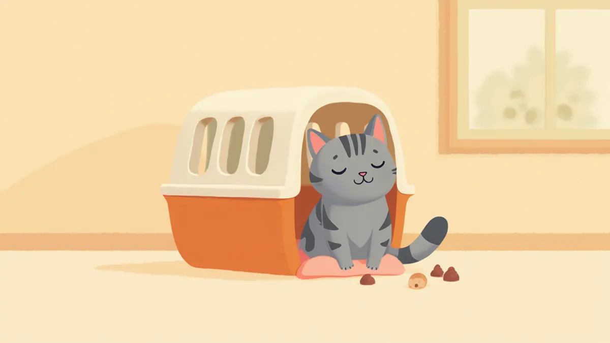 캐리어 안에 편안히 앉아있는 회색 태비 고양이