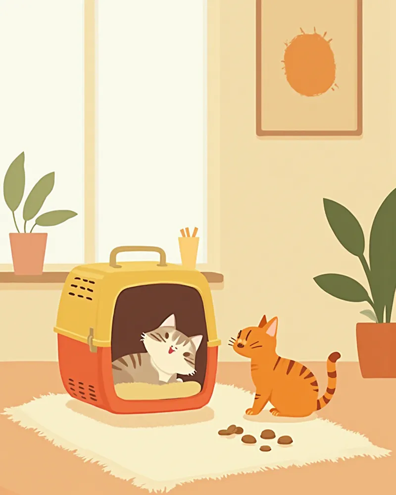 거실에 놓인 열린 캐리어에 다가가는 고양이