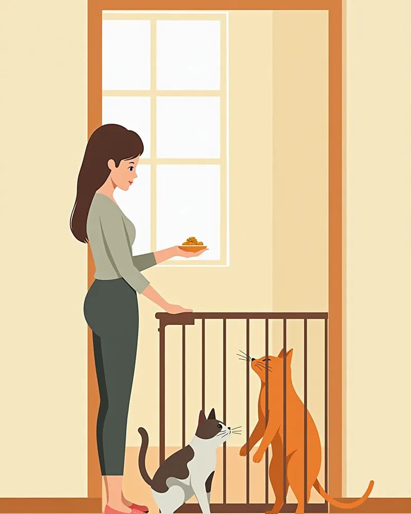 단계별 재소개를 진행 중인 고양이 두 마리와 보호자
