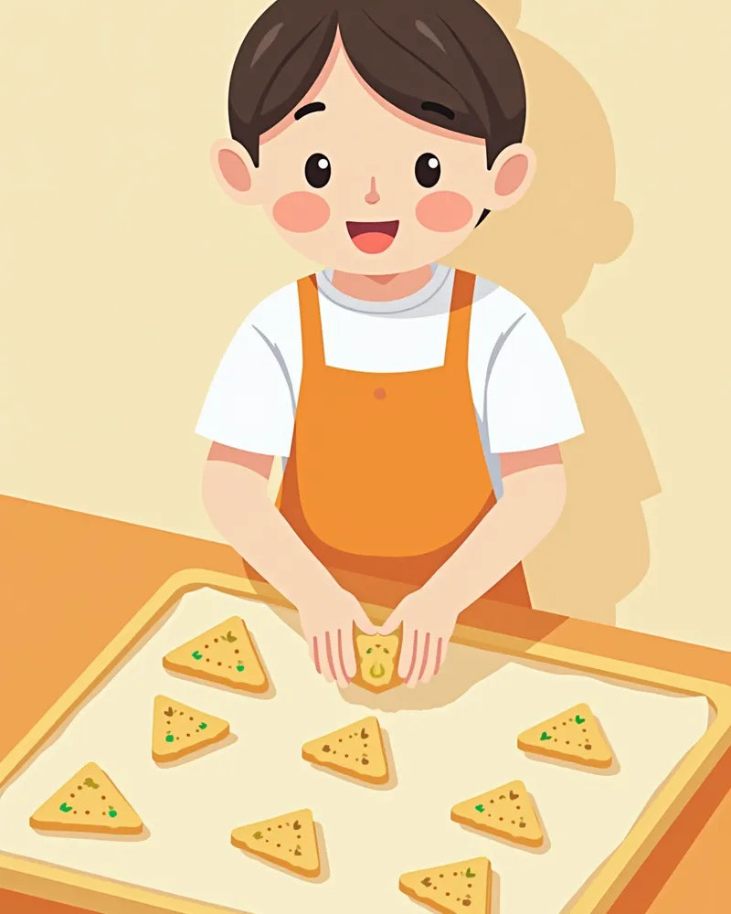 삼각형 모양의 고양이 간식 반죽을 오븐 트레이에 올리는 모습