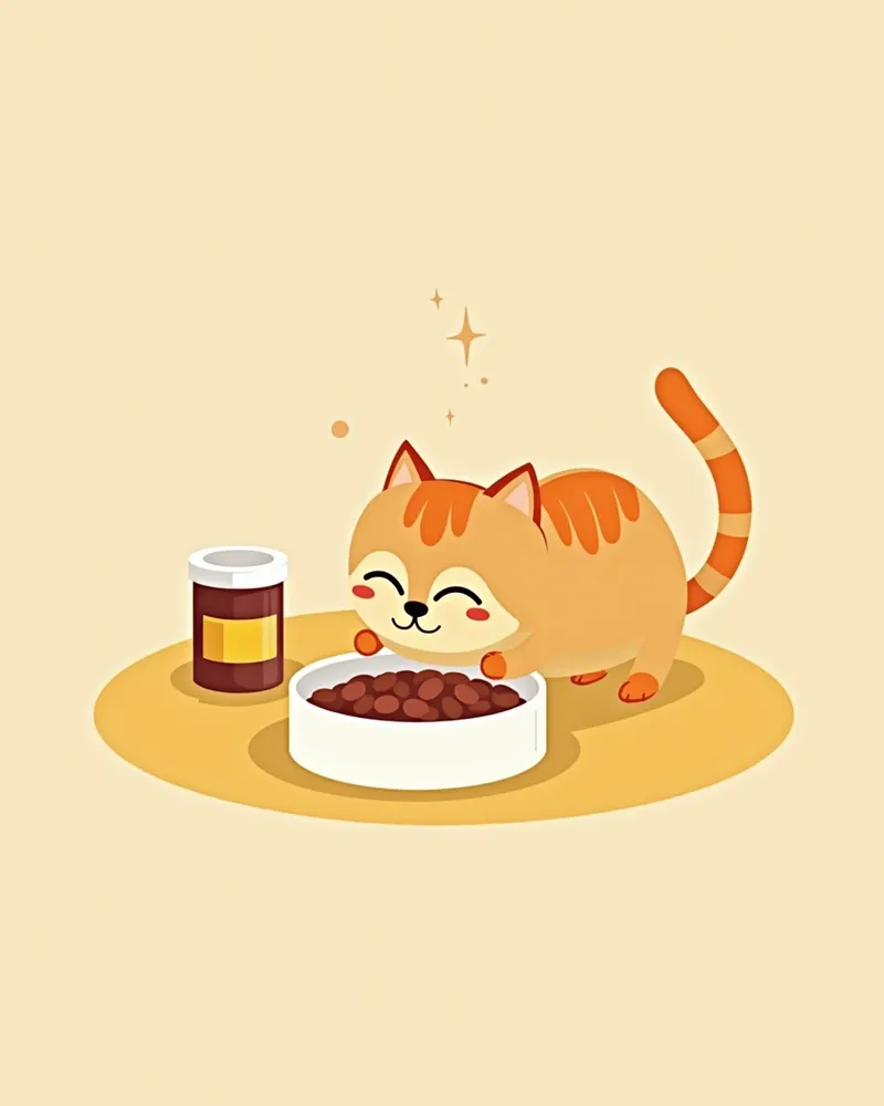 고양이가 신장 친화적 사료를 먹는 모습, 수의사 처방전이 옆에 있음