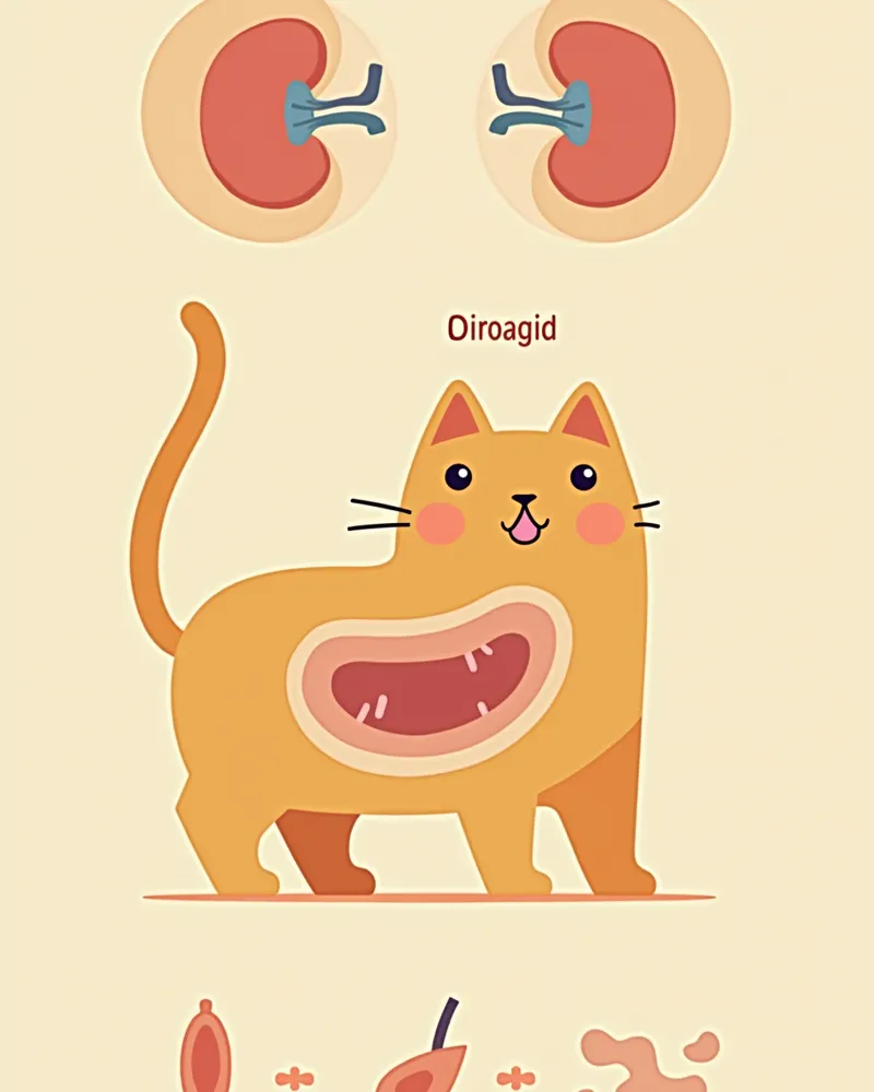 고양이 신장의 건강한 상태와 손상된 상태를 비교한 해부도, 고혈압, 단백뇨 등 위험 요인 표시됨