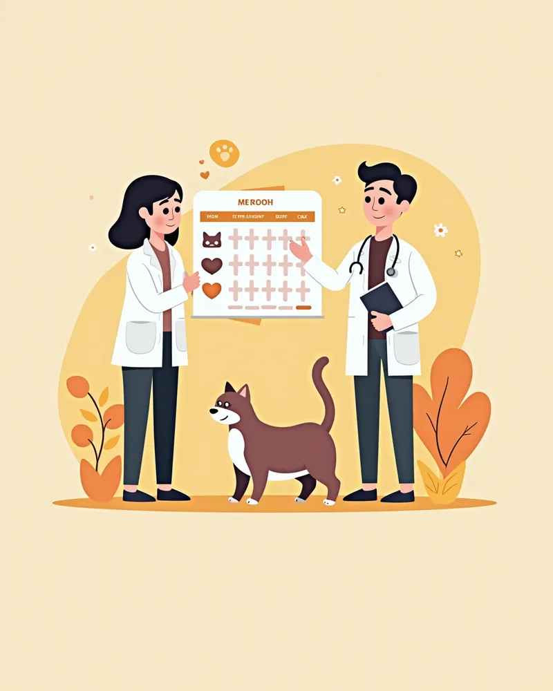수의사가 고양이 주인과 치료 계획을 논의하는 모습, CKD 단계별 치료법이 표시된 차트 보임