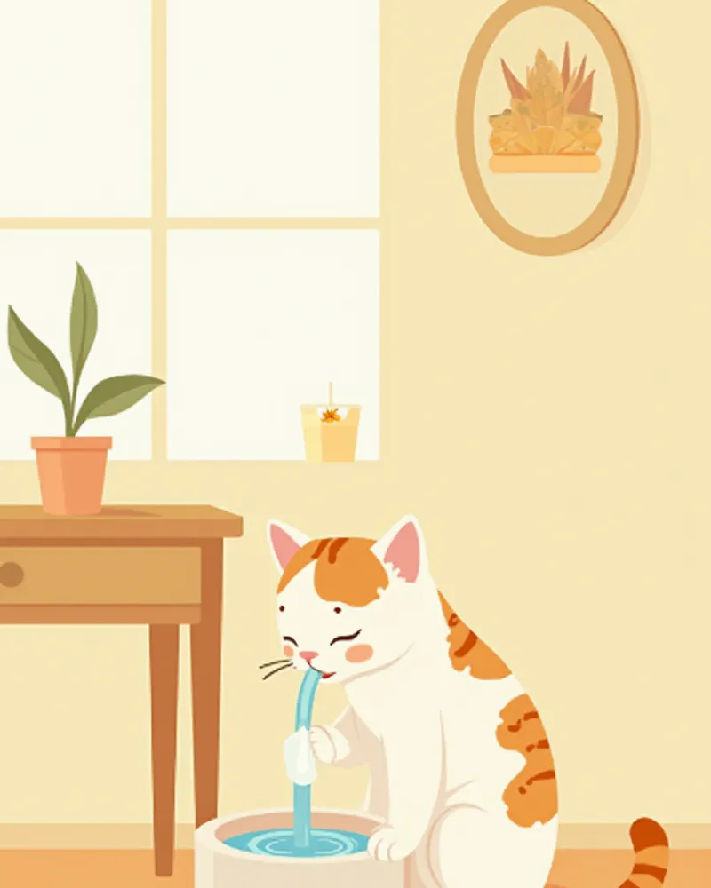 정수기에서 물을 마시는 노령 고양이