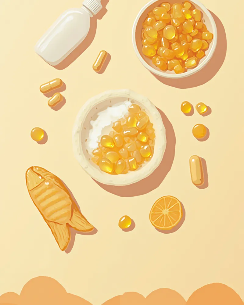 오메가-3 캡슐, 비오틴, 아연이 함께 놓인 영양제 구성
