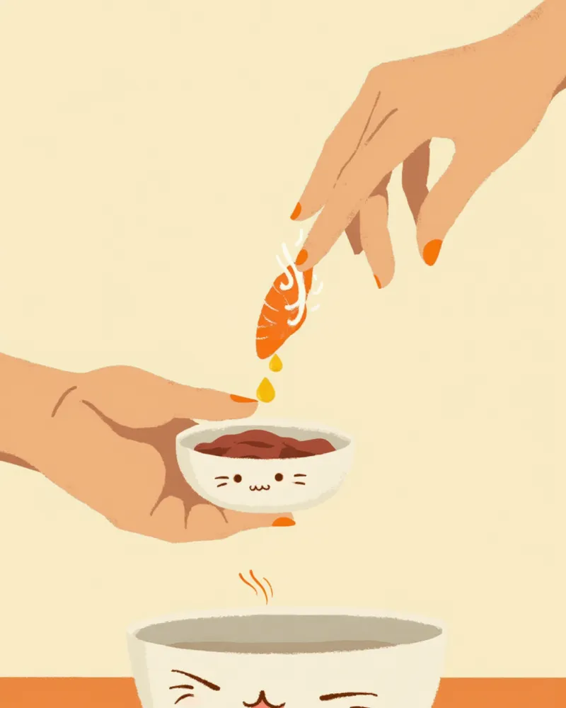 고양이 사료 그릇에 오메가-3 오일을 떨어뜨리는 모습
