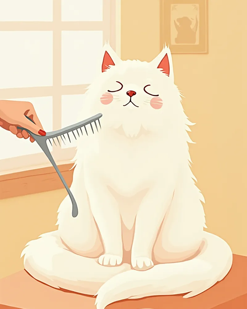 장모종 페르시안 고양이를 스틸콤으로 빗질하는 모습