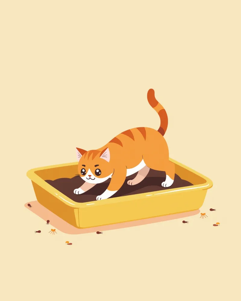 오염된 화장실 냄비에 발을 딛는 고양이, 미세한 기생충 배설물이 보이는 이미지