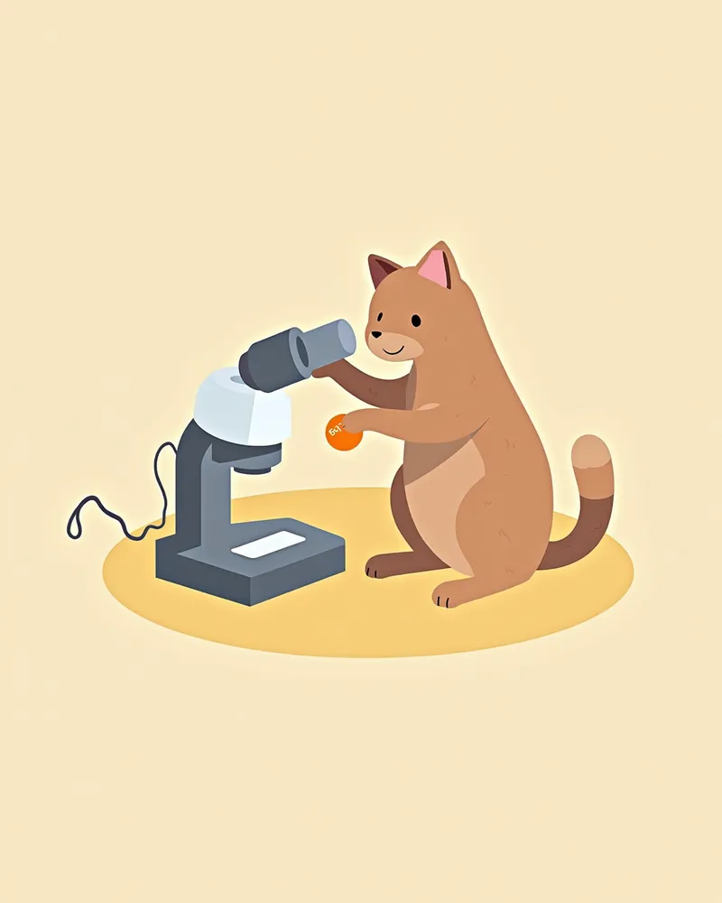 수의사가 고양이 대변 샘플을 현미경으로 검사하는 모습