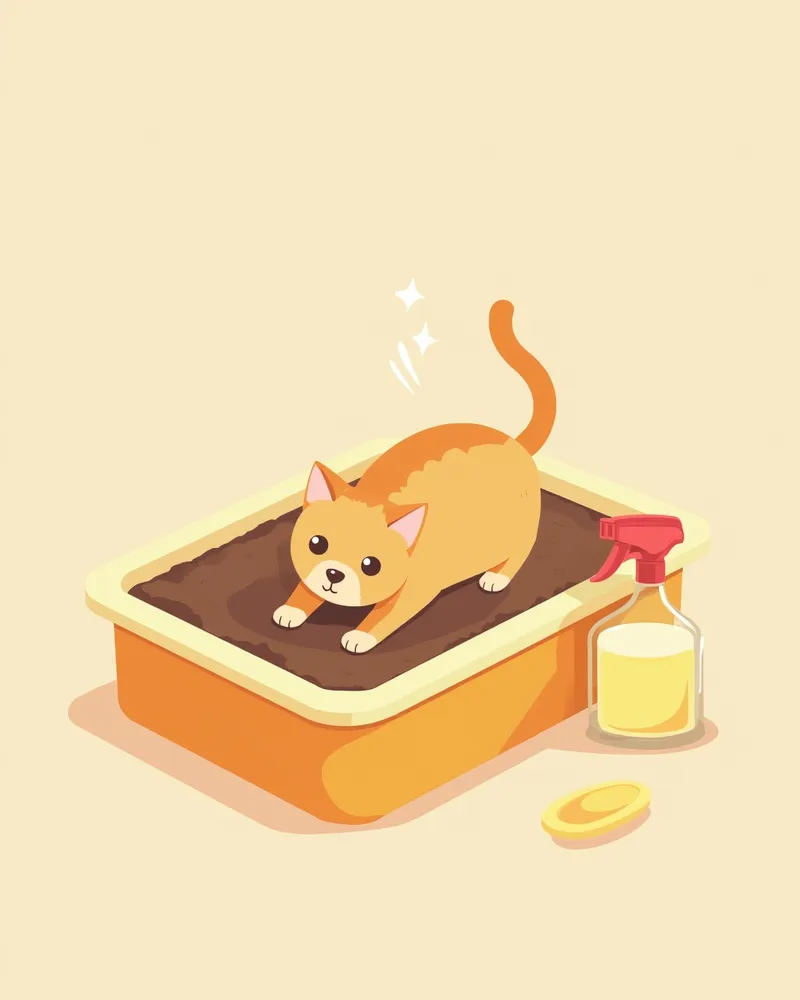 깨끗한 고양이 화장실과 소독제가 준비된 모습