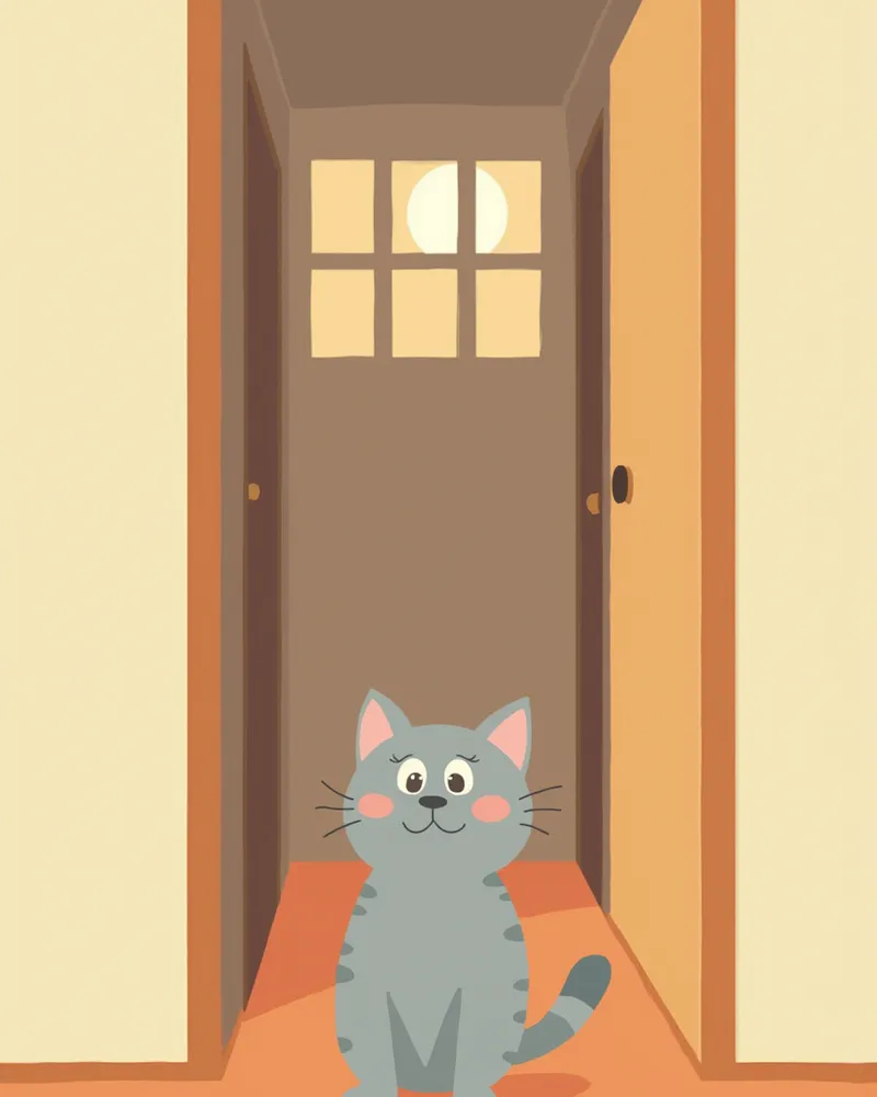 밤에 복도에서 울고 있는 노령 고양이