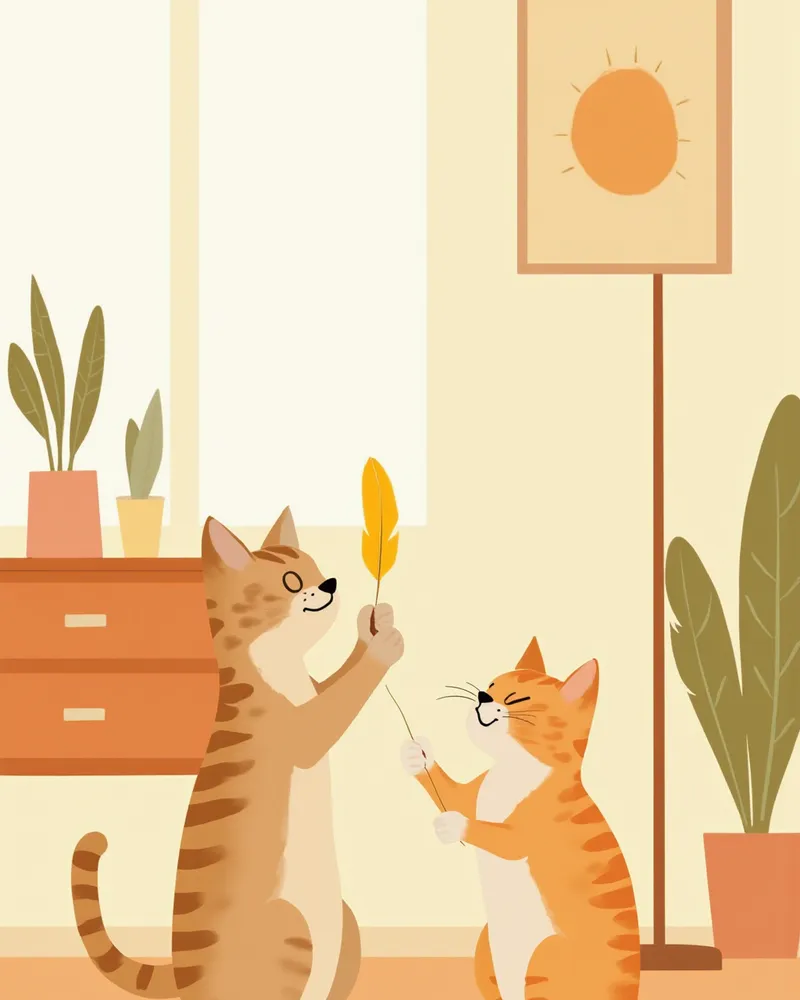 노령 고양이와 장난감으로 놀아주는 보호자