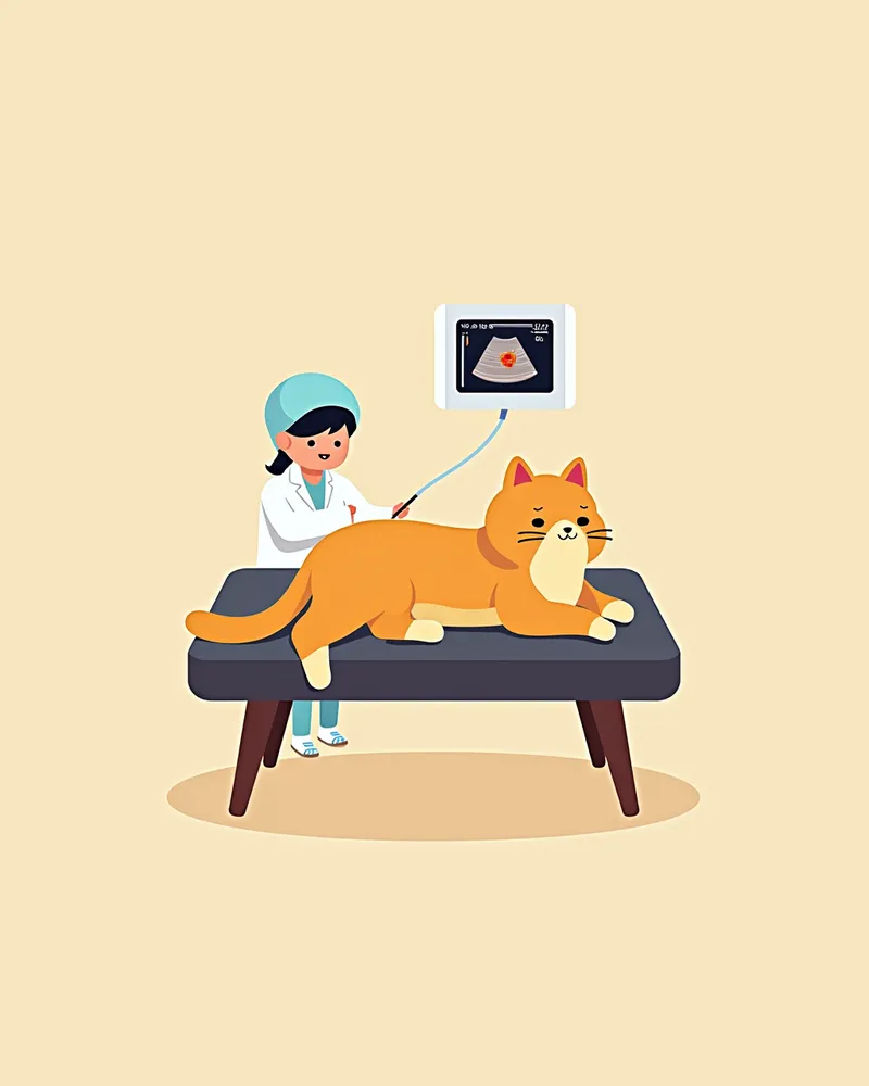 초음파 검사를 받는 고양이, 검사기 화면에 심장 이미지가 보이는 모습