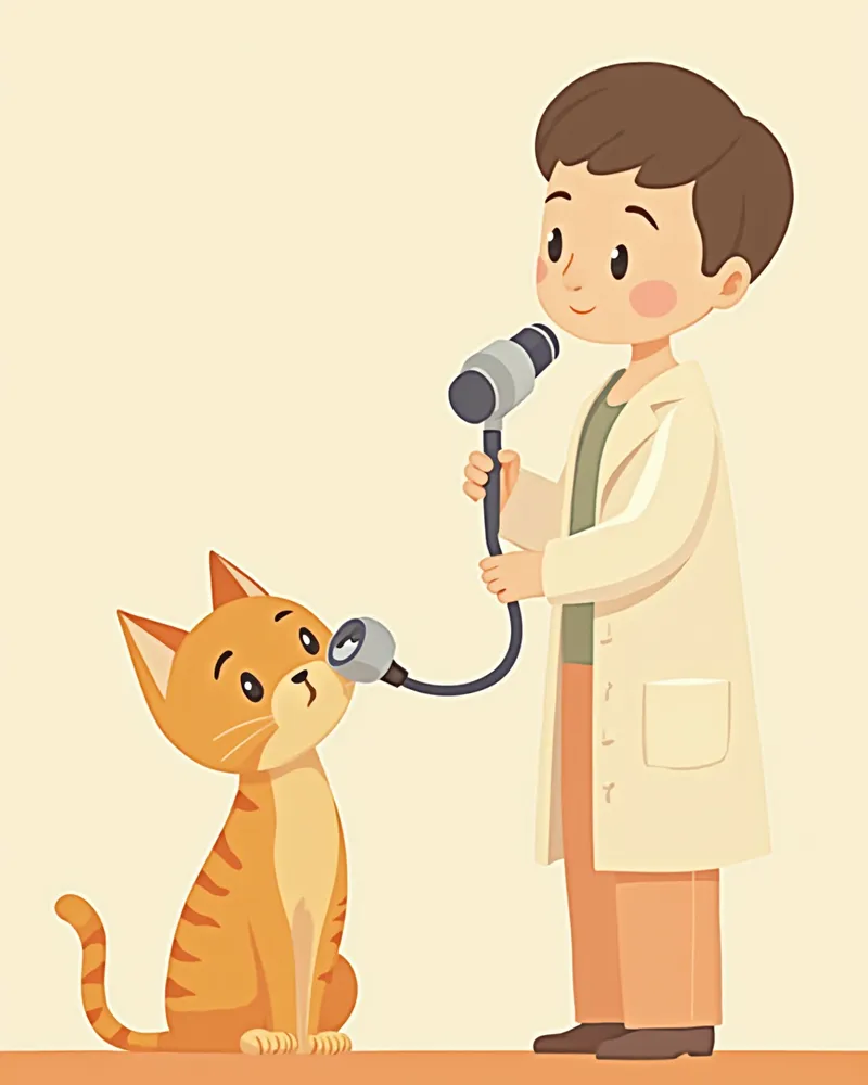 동물병원에서 수의사가 고양이 눈을 검사하는 모습