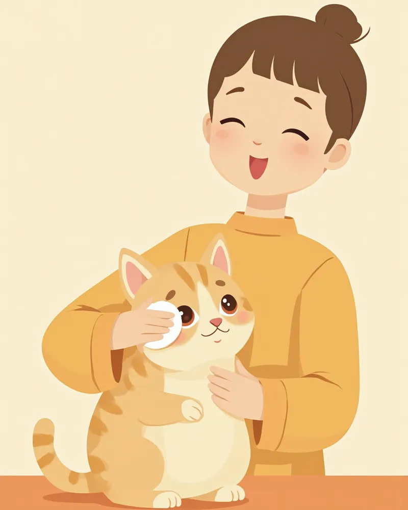 보호자가 고양이 눈곱을 부드럽게 닦아주는 모습