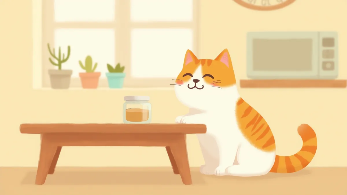 테이블 위 유산균 분말 병을 바라보는 고양이