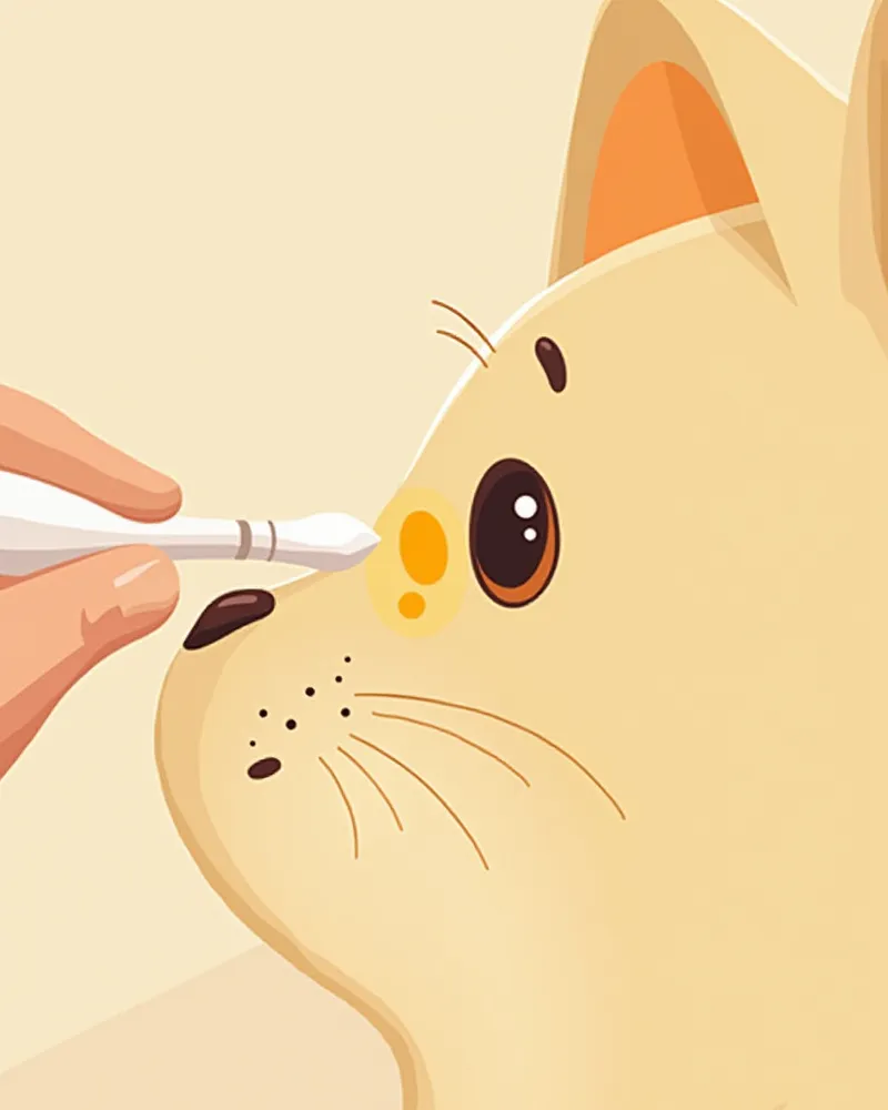 수의사가 고양이 눈에 형광 염료를 떨어뜨리는 모습을 묘사한 그림