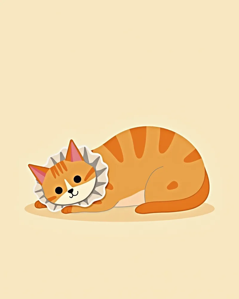 수술 후 고양이가 목에 방지용 목걸이를 착용한 모습