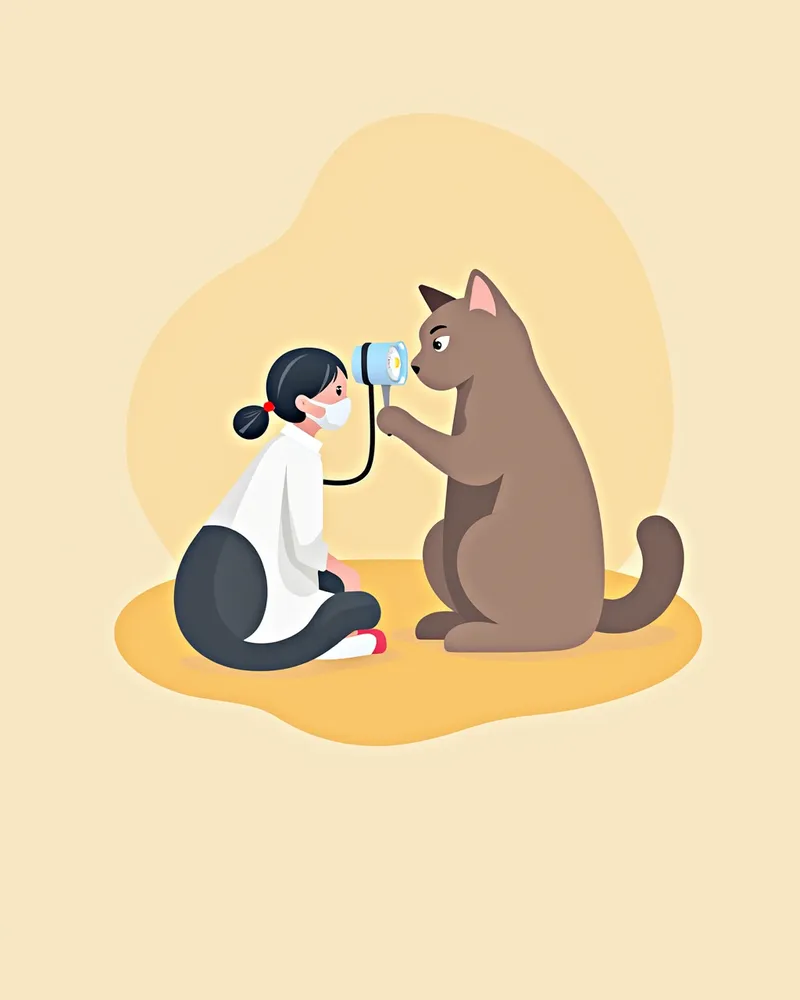 수의사가 슬릿 램프로 고양이 눈을 검사하는 모습