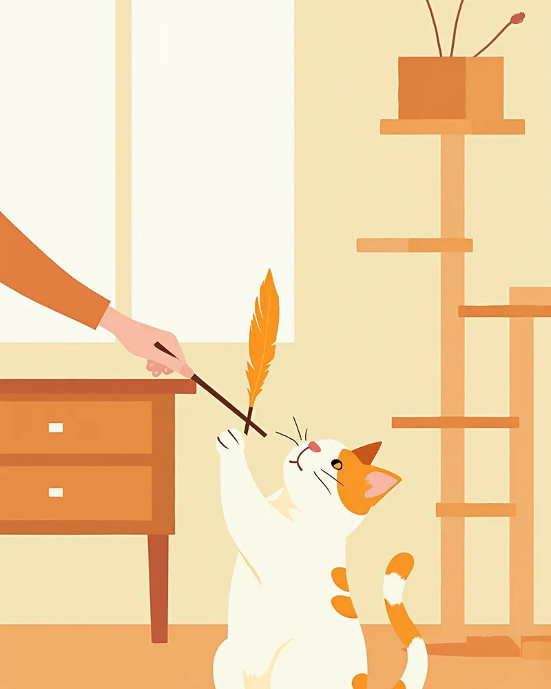 낚싯대 장난감으로 놀이하는 고양이와 보호자