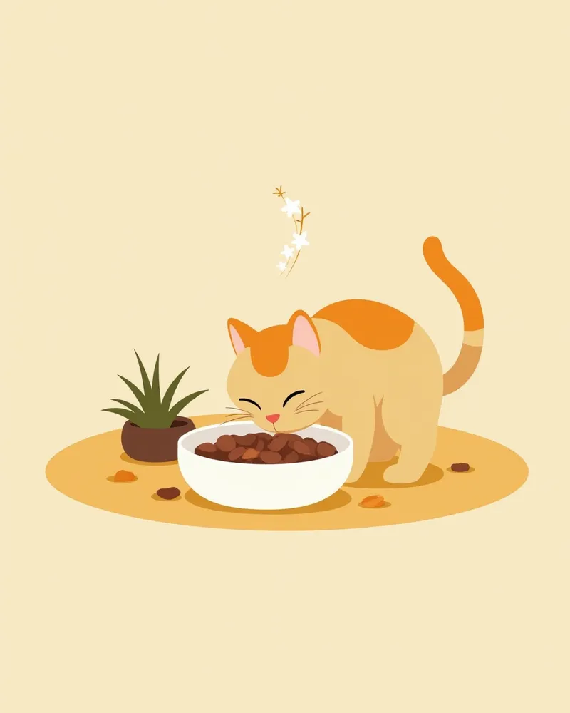 물 분수에서 마시는 고양이, 건식 사료 옆에 있음