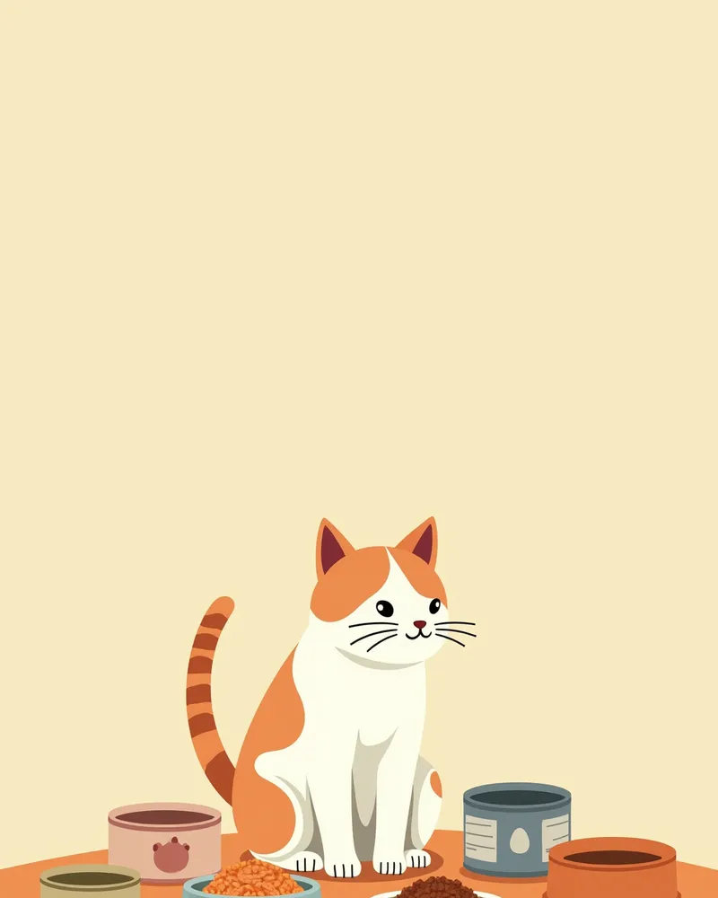 다양한 물그릇과 캔 사료가 있는 테이블 위의 고양이