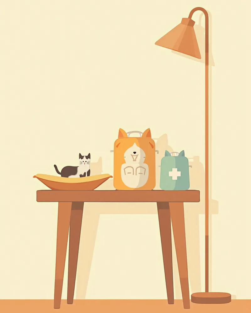 고양이 출산을 위한 준비물이 정리된 모습