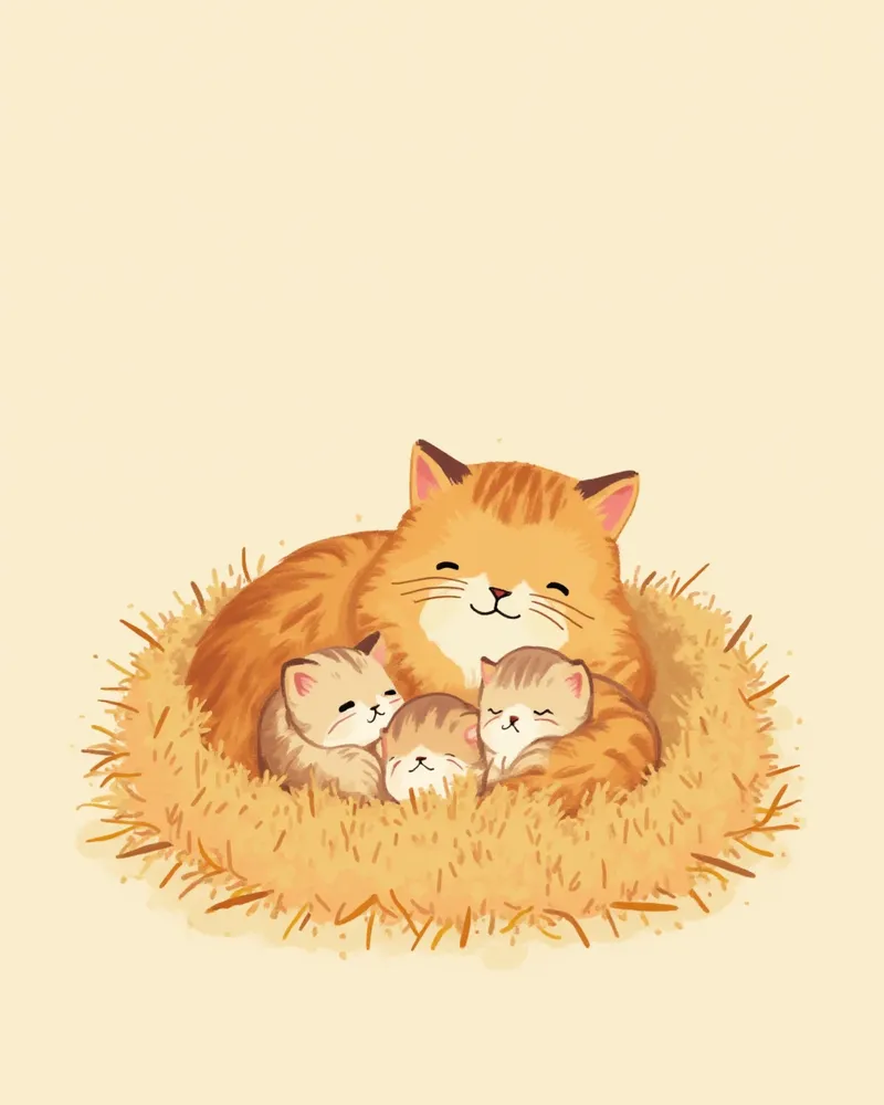 갓 태어난 새끼들을 돌보는 어미 고양이