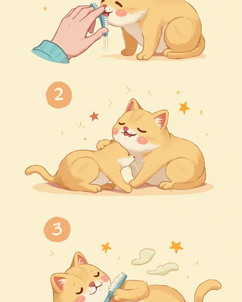 단계별로 고양이 양치에 적응시키는 과정 일러스트