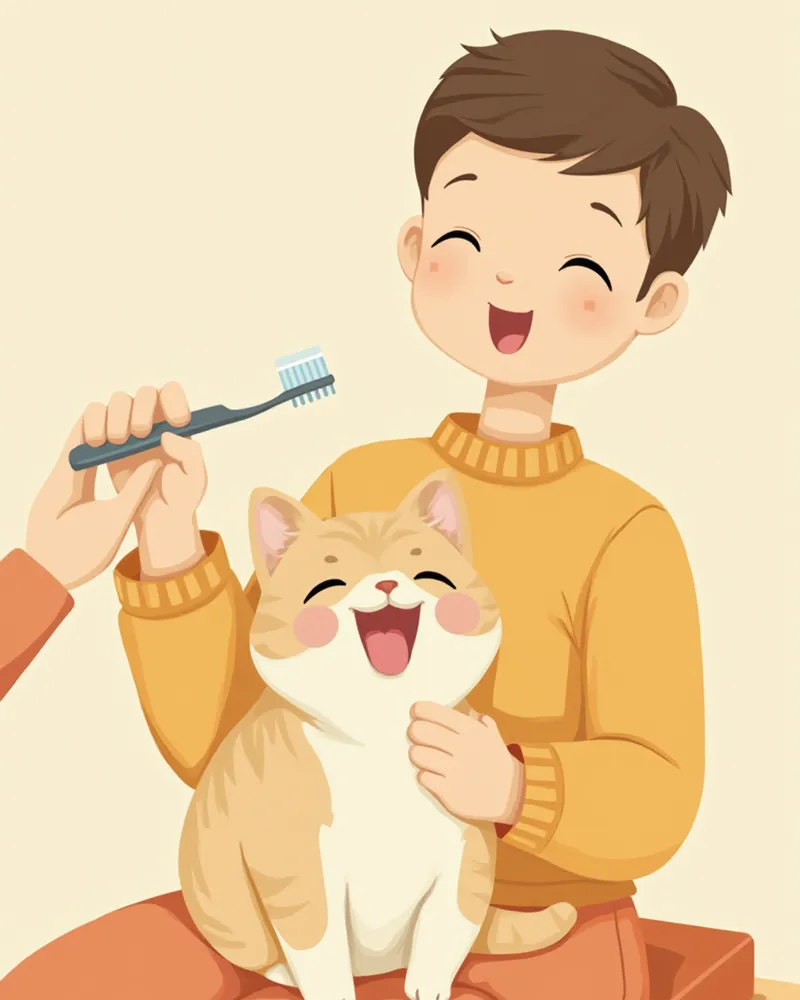 보호자 무릎 위에서 양치를 받고 있는 고양이 일러스트