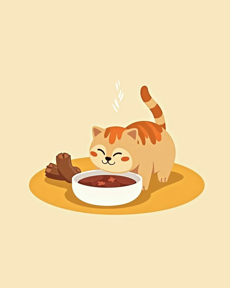 고양이가 부드러운 습식 사료를 먹는 모습, 옆에 치석 제거 간식이 있음