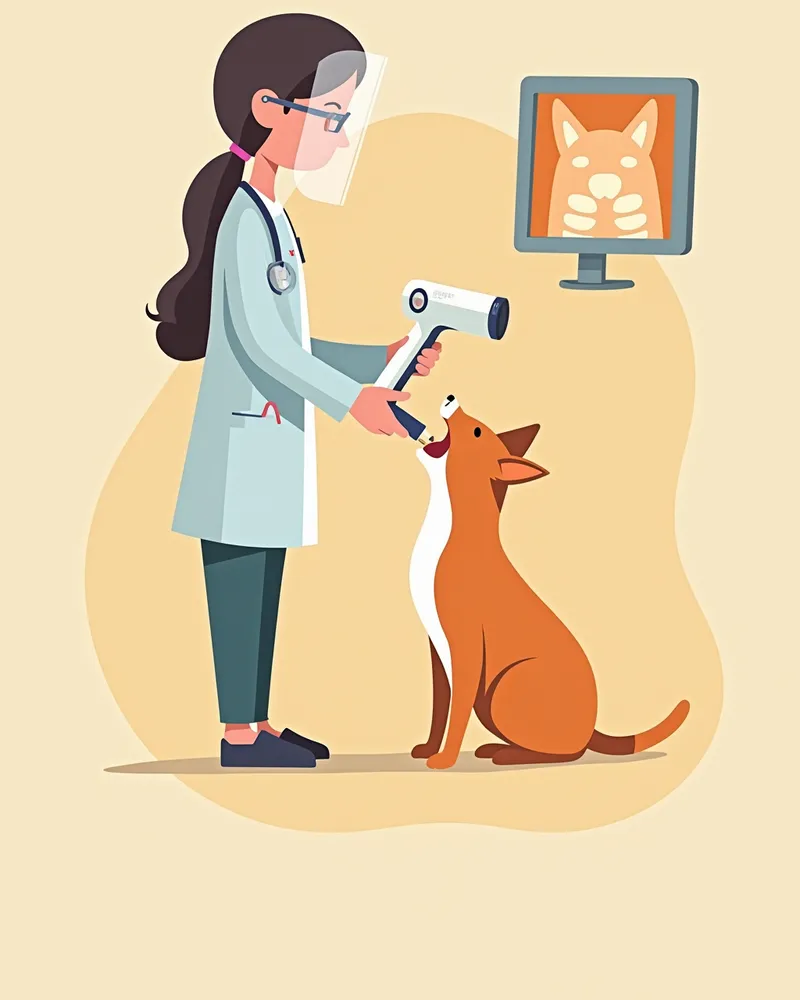 수의사가 방사선 보호복을 입고 고양이 치과 방사선 검사를 하는 모습