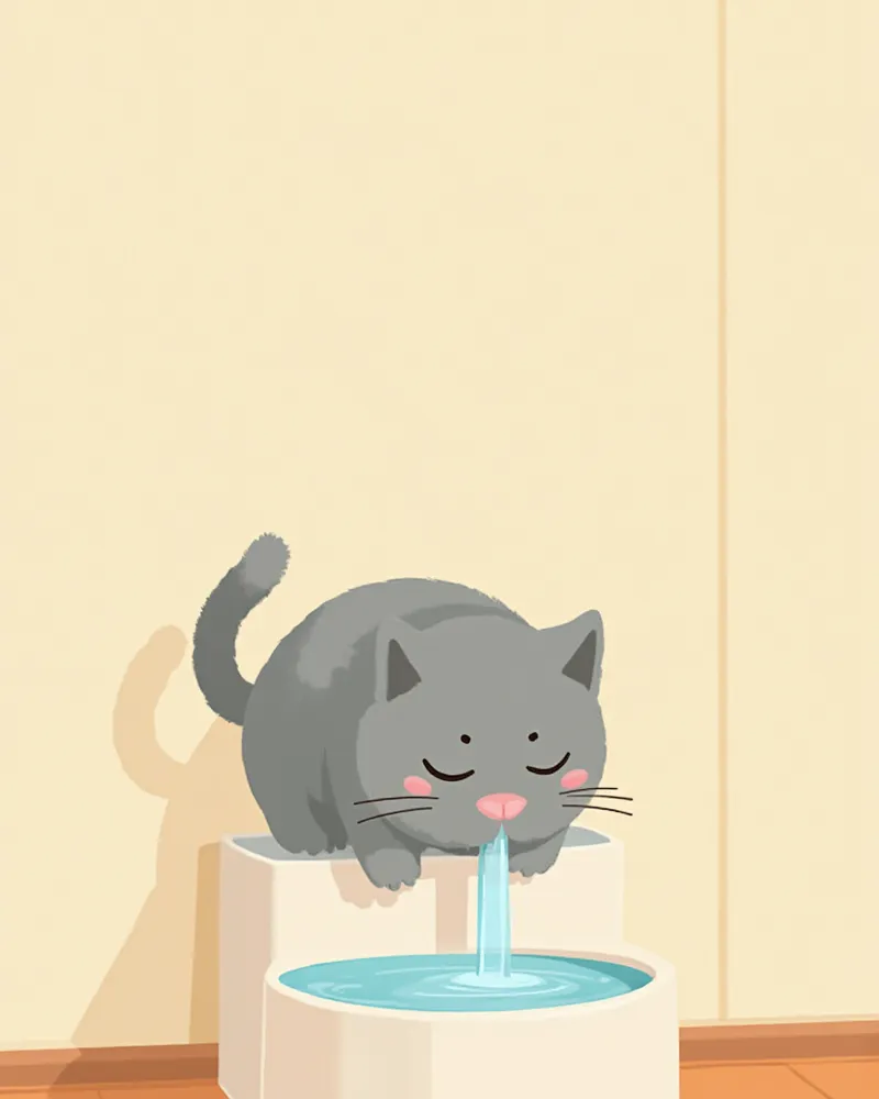 거실에서 정수기로 물을 마시고 있는 회색 고양이