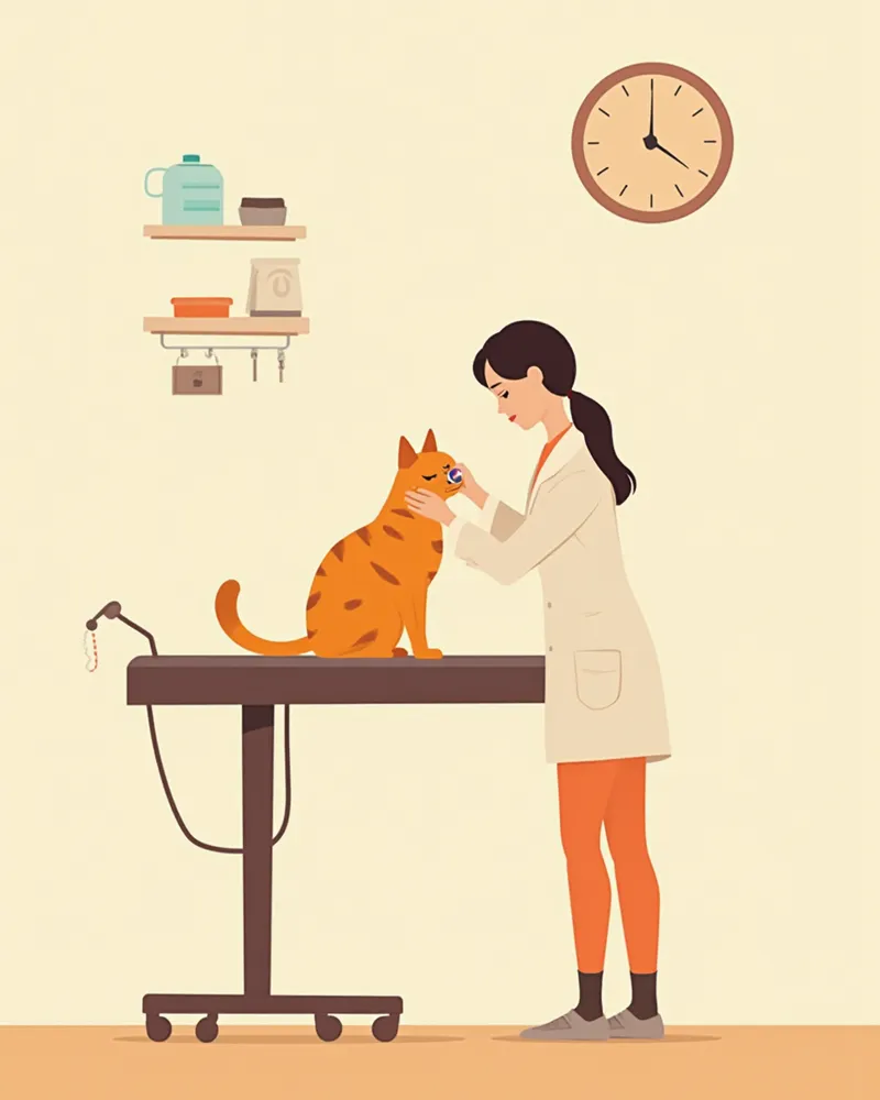 동물병원 진료대에서 수의사에게 검진받고 있는 고양이